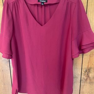 Roz & Ali V-Neck Ruffle Sleeve Blouse - Deep Red